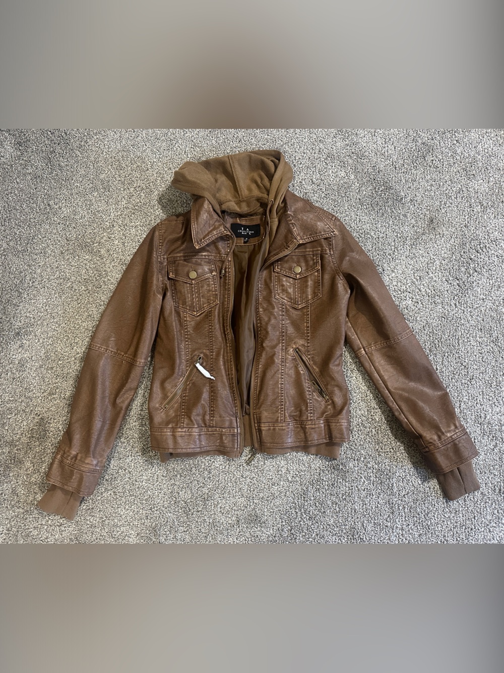 Brown Faux Leather Hooded Jacket